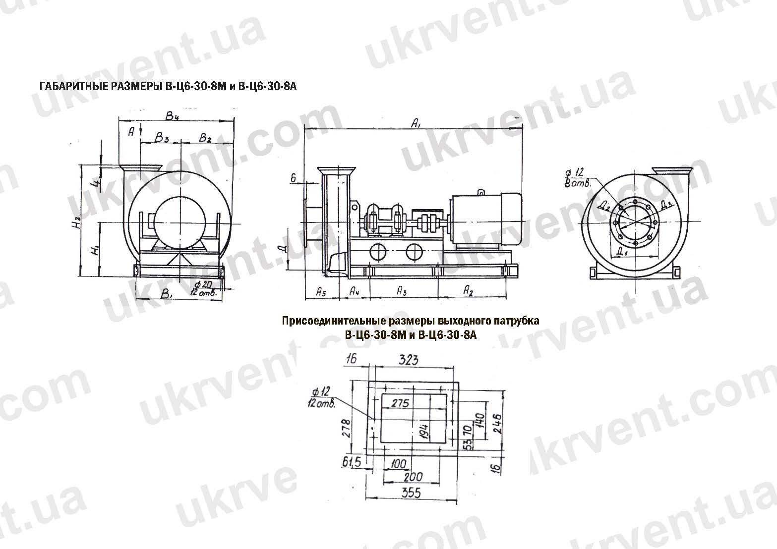 Габаритные и присоединительные размеры вентиляторов В-Ц6-30 №8А и В-Ц6-30 №8М