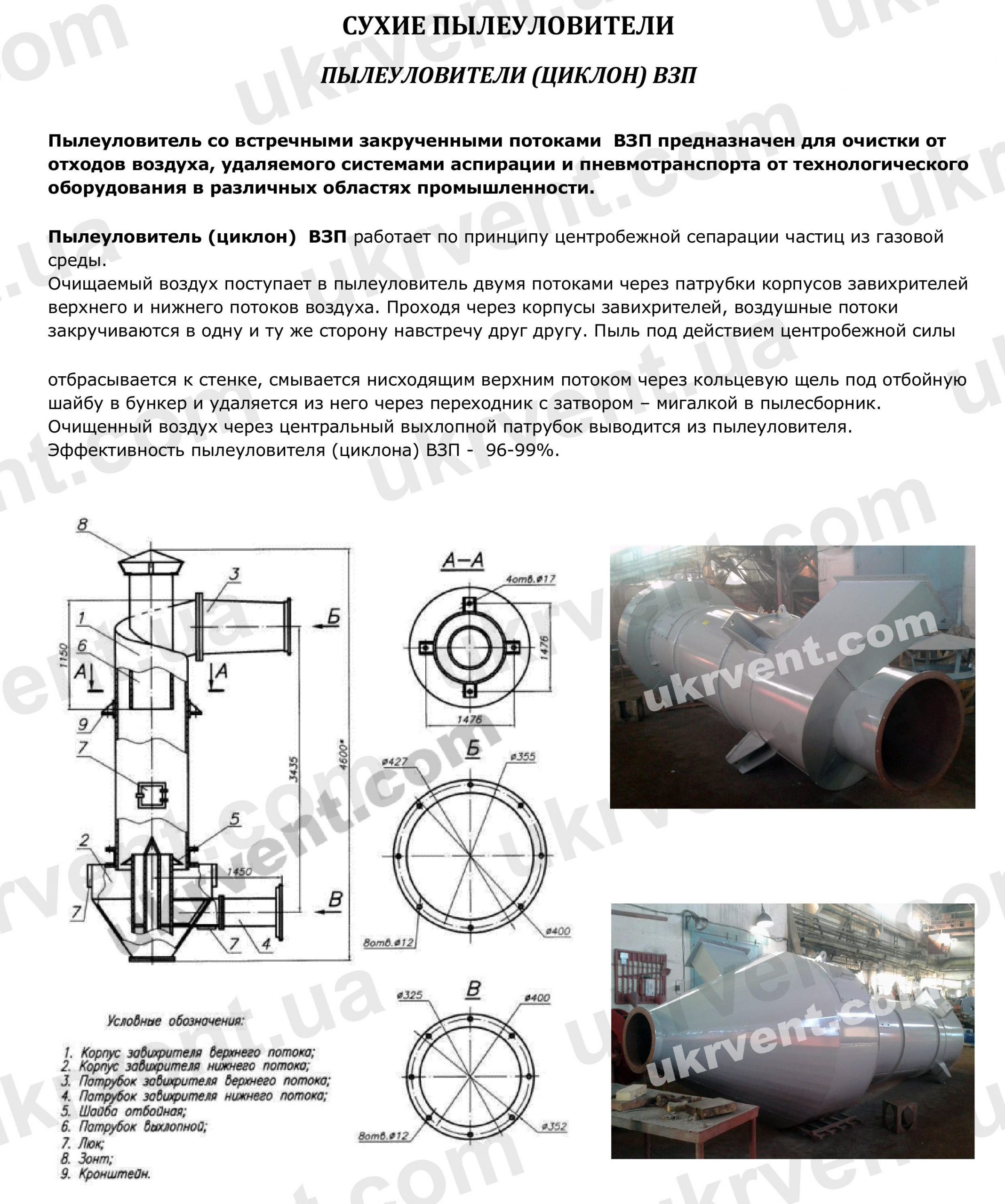 Циклон Пылеуловитель ВЗП, Цена, Купить, Укрвентсистемы, Технические характеристики, Чертеж, Размеры, Характеристики Универсальный циклон ВЗП пылеуловитель