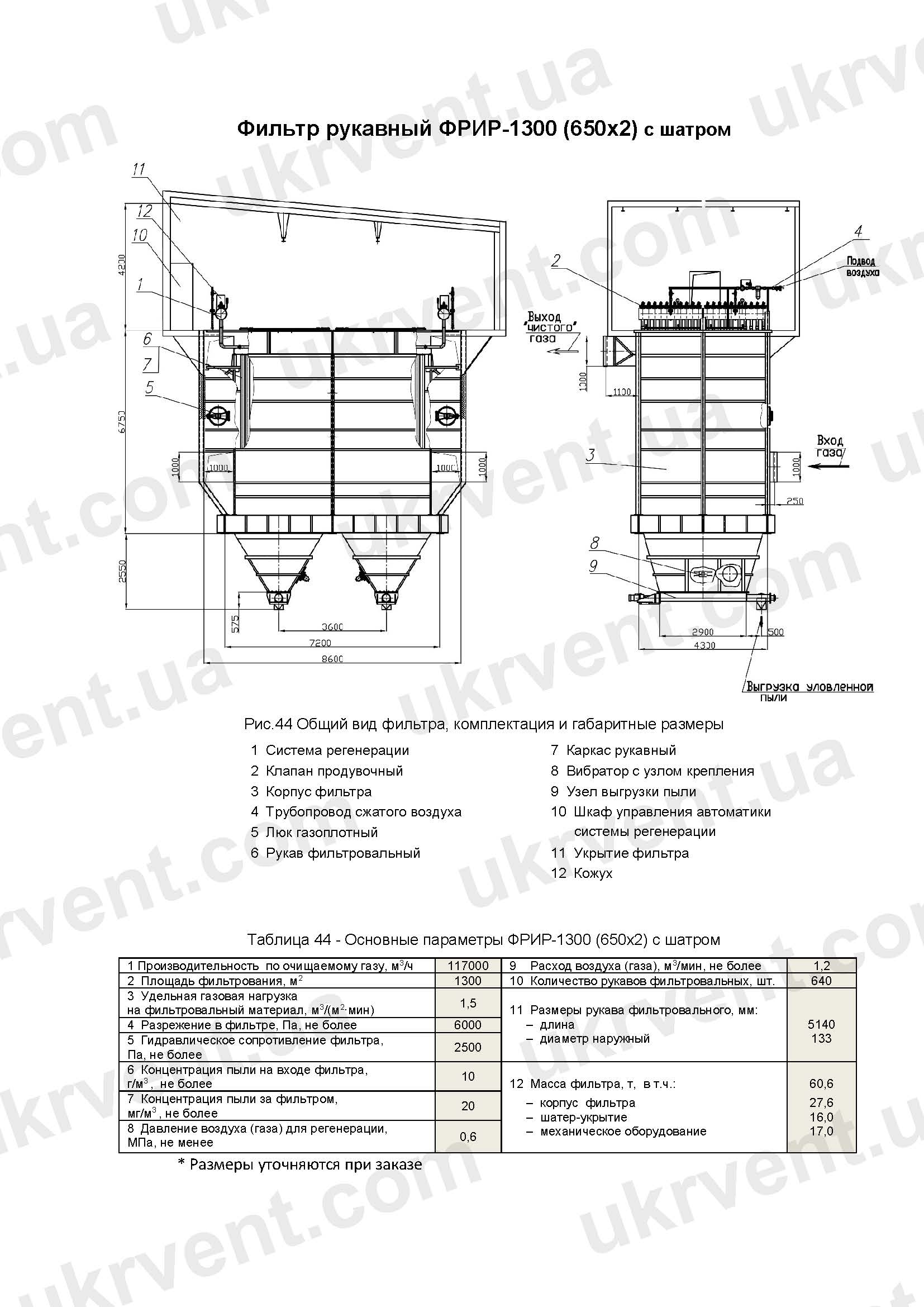 ФРИР-1300(650х2), Рукавный фильтр ФРИР, Цена, Купить, Технические характеристики, Чертеж, Размеры, Характеристики, Укрвентсистемы ФРИР-1300(650х2) рукавный фильтр