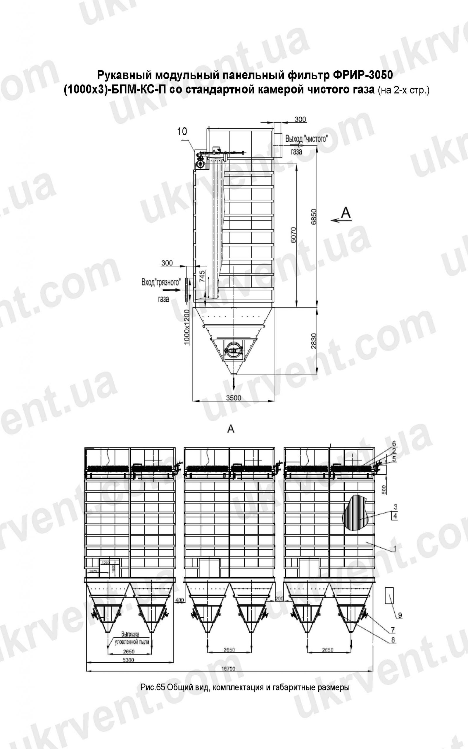 ФРИР, ФРИР рукавные фильтры в модульном панельном корпусе с коллекторными газоходами, Рукавный фильтр ФРИР, Цена, Купить, Технические характеристики, Чертеж, Размеры, Характеристики, Укрвентсистемы ФРИР-3050(1000х3) фильтр с коллекторными газоходами