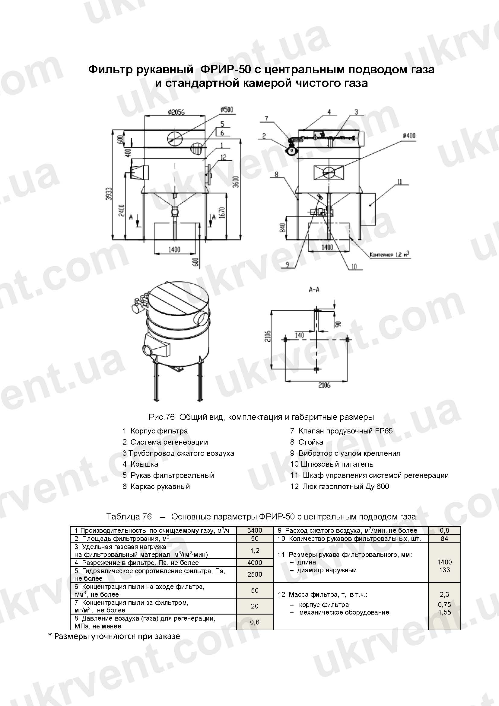 Фильтр рукавный ФРИР-50 с центральным подводом газа и стандартной камерой чистого газа