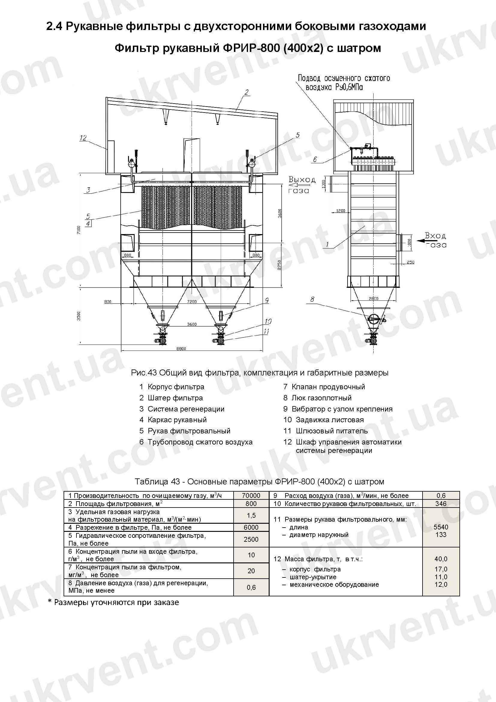 ФРИР-800(400х2), Рукавный фильтр ФРИР, Цена, Купить, Технические характеристики, Чертеж, Размеры, Характеристики, Укрвентсистемы ФРИР-800(400х2) рукавный фильтр
