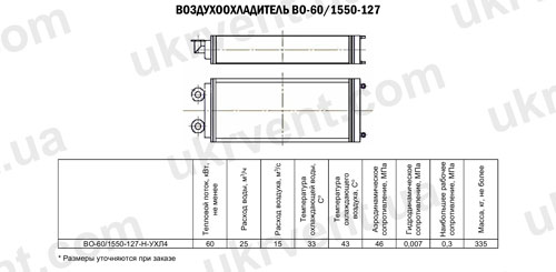 Воздухоохладители ВО-60/1550-127, Цена, Купить, Технические характеристики, Чертеж, Размеры, Характеристики, Укрвентсистемы Воздухоохладители ВО-60/1550-127