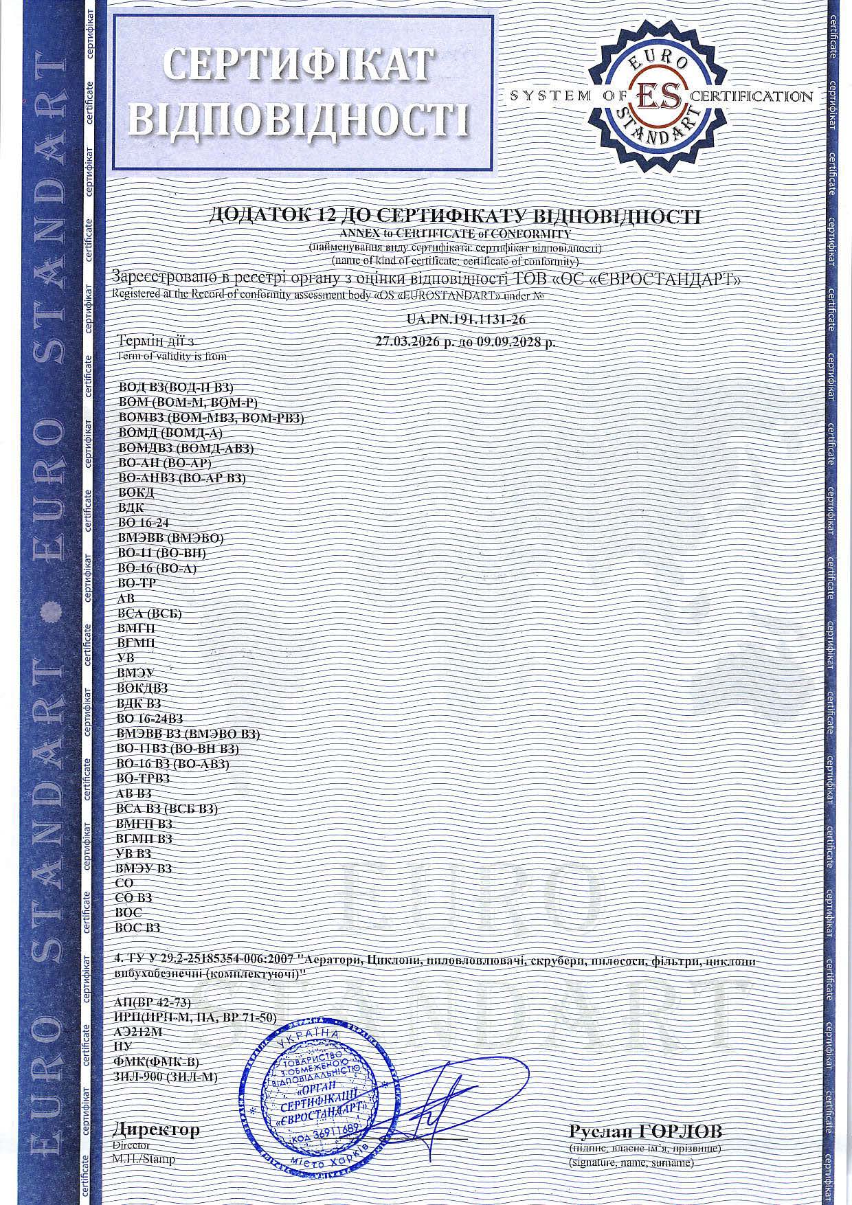 Сертифікат відповідності: Вентилятори промислові
